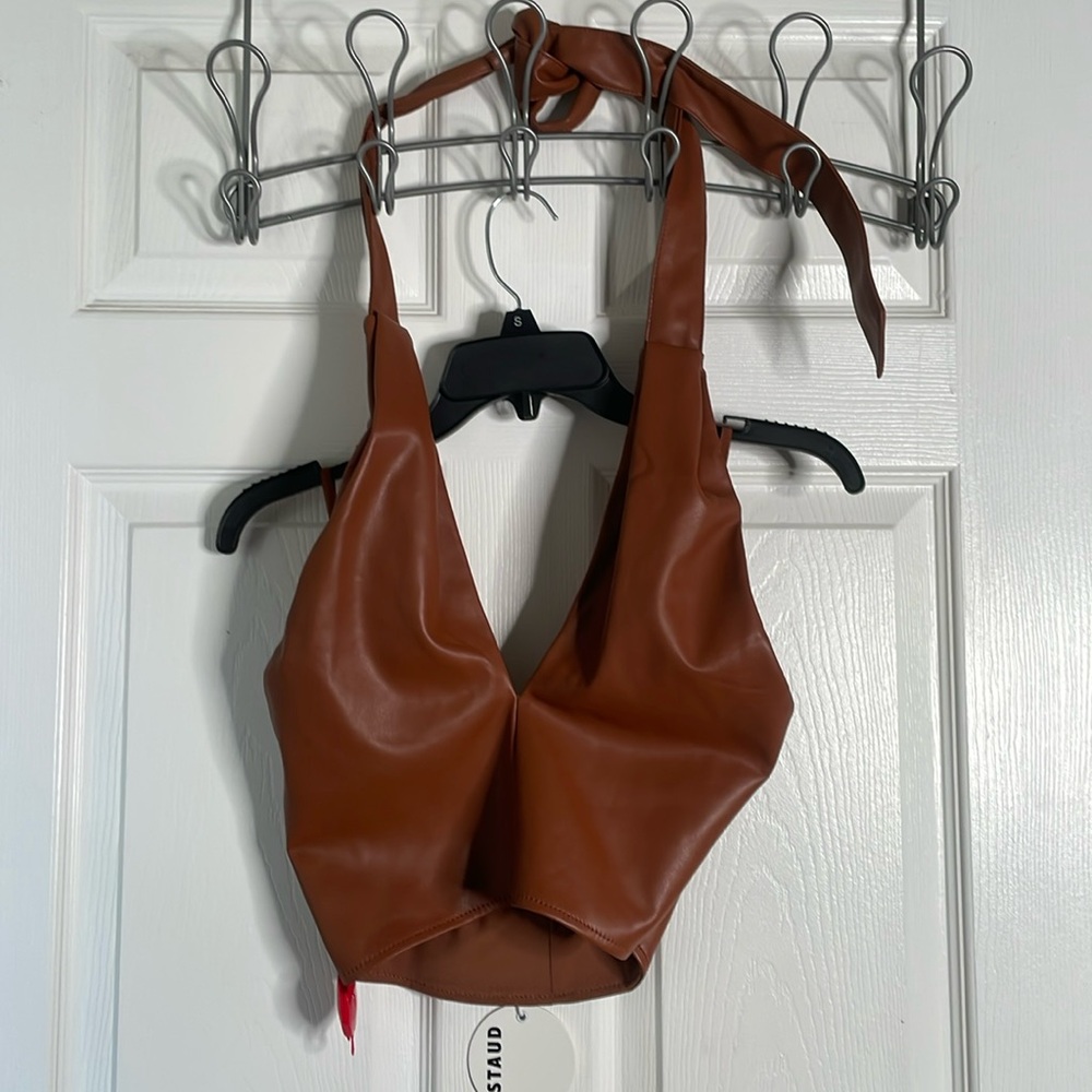 NWT STAUD Kai vegan leather halter crop top
